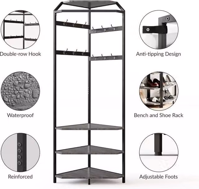 KORVIXA Modern Black Metal Corner Hall Tree with Bench and Coat Rack