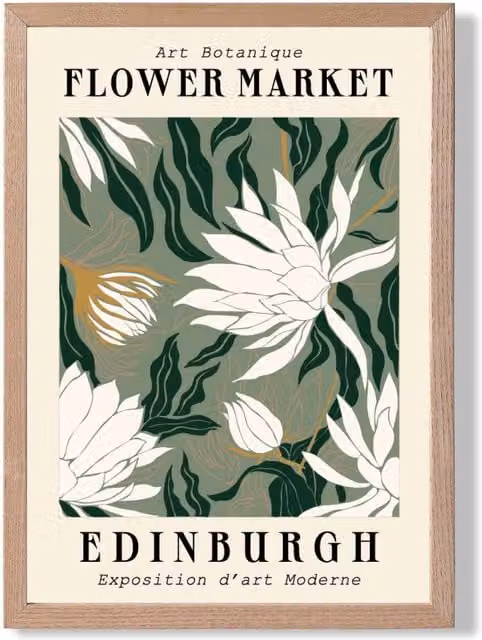 ARTZE Edinburgh Green and White Flower Market Exhibition Framed Print with Beige Oak Frame, A2