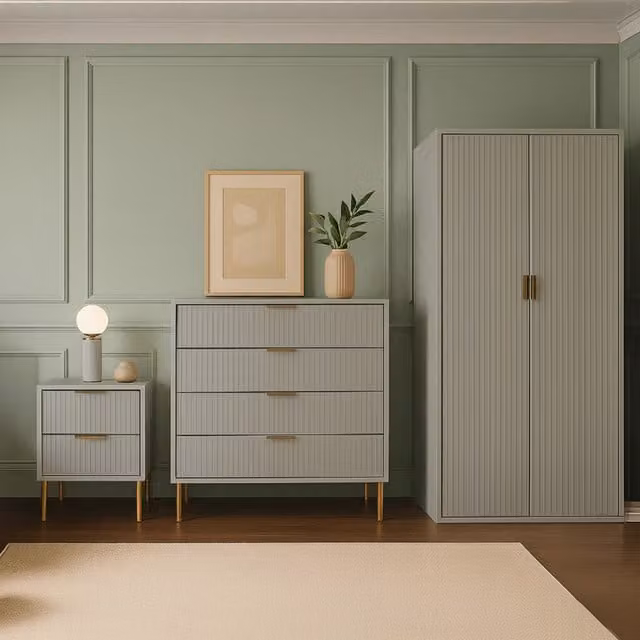 Home Treats Modern Ridged Bedroom Furniture Set in White, Gold, Grey and Multicolour with 80cm Wardrobe