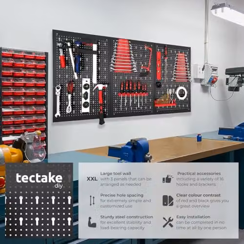 tectake 3-Panel Metal Pegboard Wall-Mounted Tool Organiser with Hooks and Holders, Black, W: 120 cm, H: 60 cm, D: 3 cm – 2
