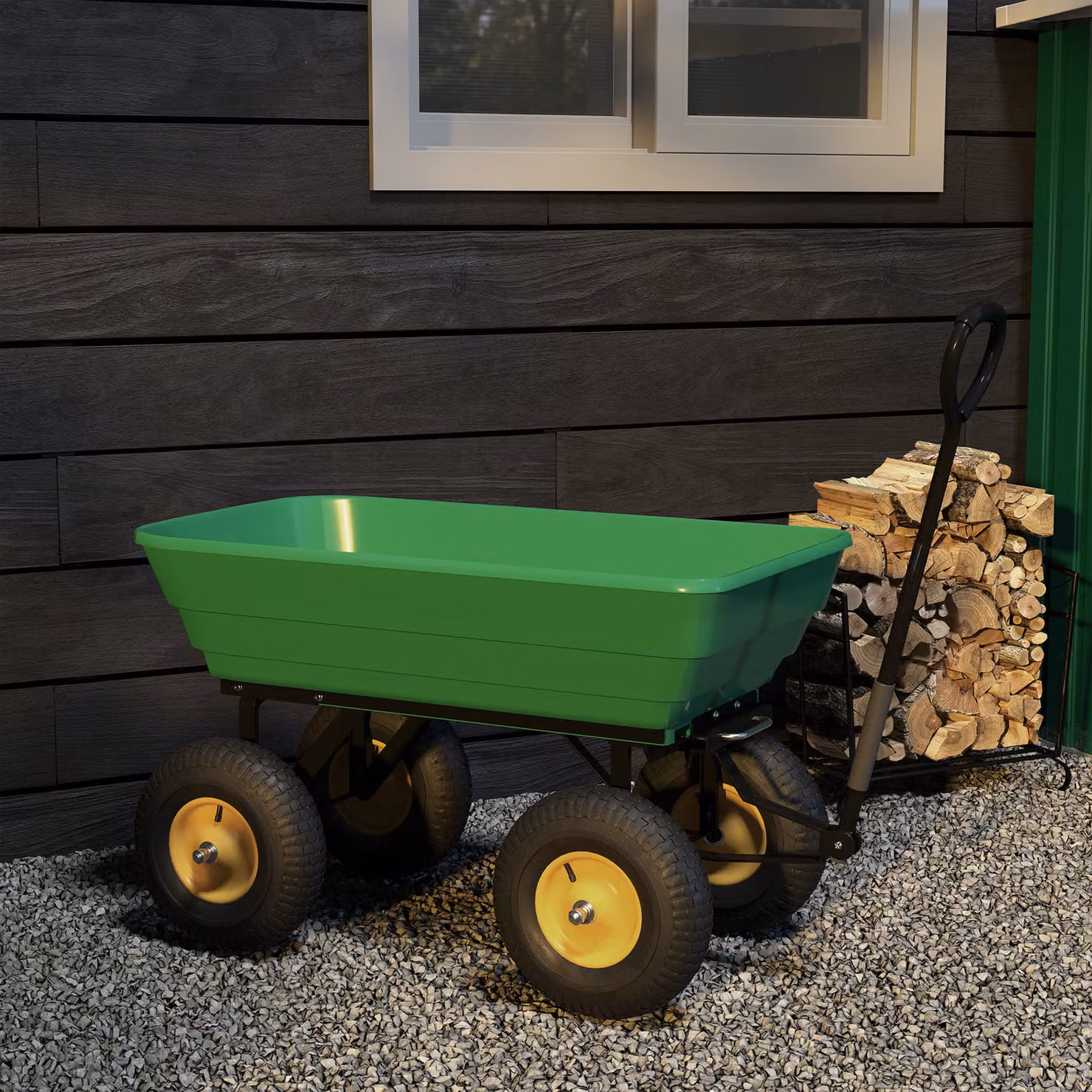 Outsunny 75 Litre Heavy Duty 4 Wheel Garden Cart Tipping Trolley in Green – 8