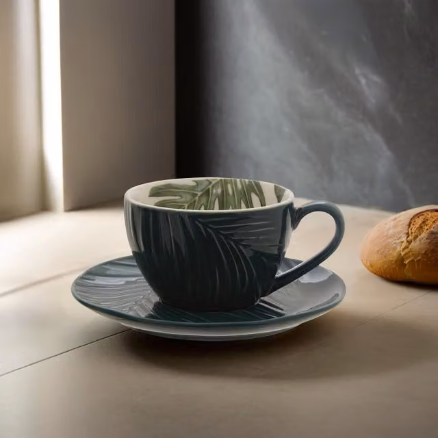 Orsina Green and White Porcelain Coffee Cup and Saucer Set with Tropical Floral Leaf Design – 2