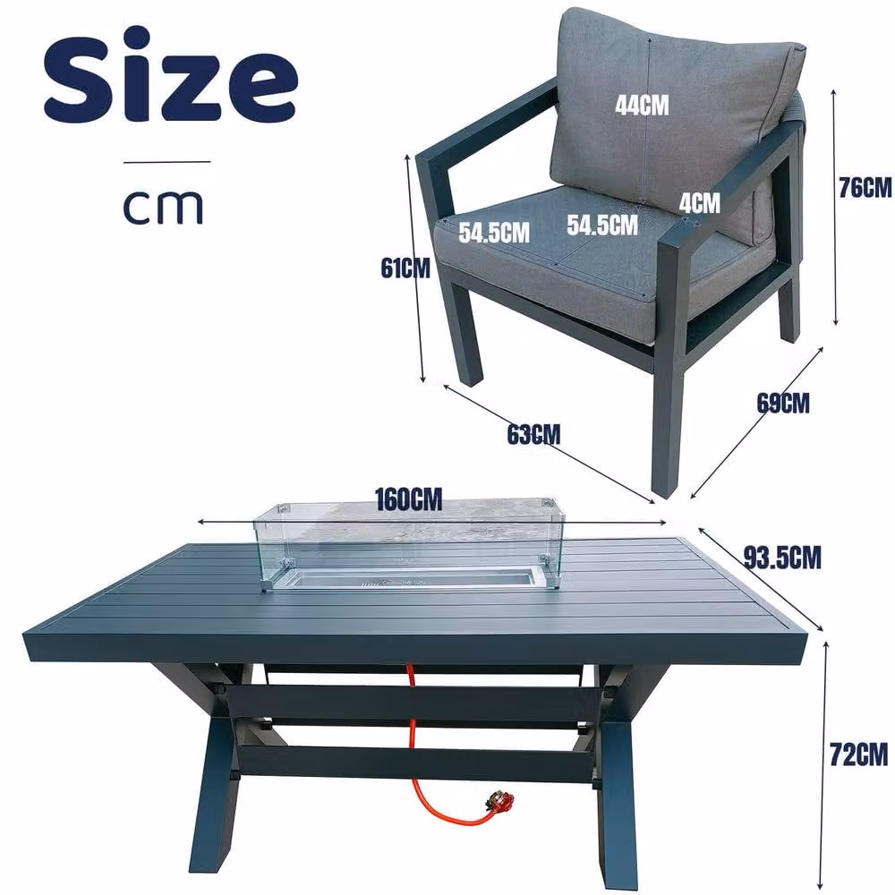 FURNITURE ONE 7 Piece Aluminium Patio Furniture Set with Firepit Table in Dark Grey – 3