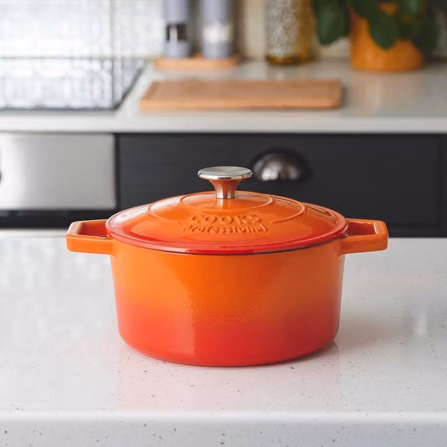 Cooks Professional Enamelled Cast Iron Casserole Dish, Orange, 20 cm