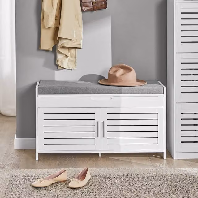 SoBuy Modern White and Grey Fabric Shoe Rack and Hallway Seating Bench