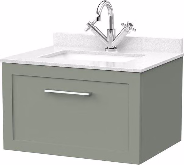 Balterley Stonnall Wall Mounted 1 Drawer Vanity Unit with Marble Top and Basin, Reed Green, Width: 60 cm