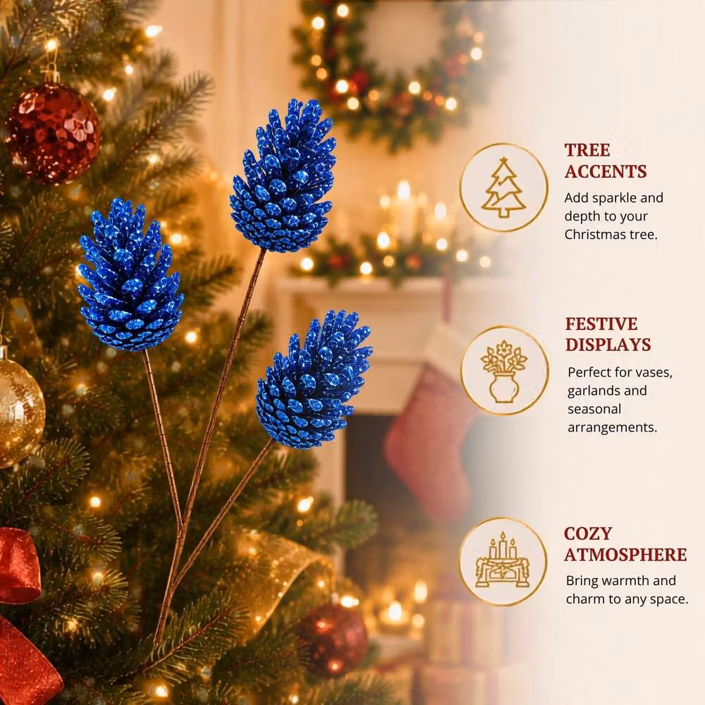 Shatchi Glitter Dark Blue Pine Cone Christmas Picks, 12 Pack, Height: 58 cm – 7