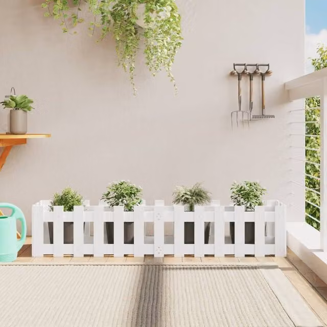Berkfield Home Garden Raised Bed with Fence Design in White, Solid Wood and Plastic, W: 150 cm, D: 30 cm, H: 30 cm