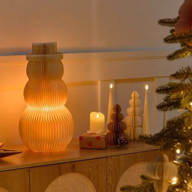 Wyld and Coco Beige Honeycomb Paper LED Snowman Figurine with 3D Origami Light