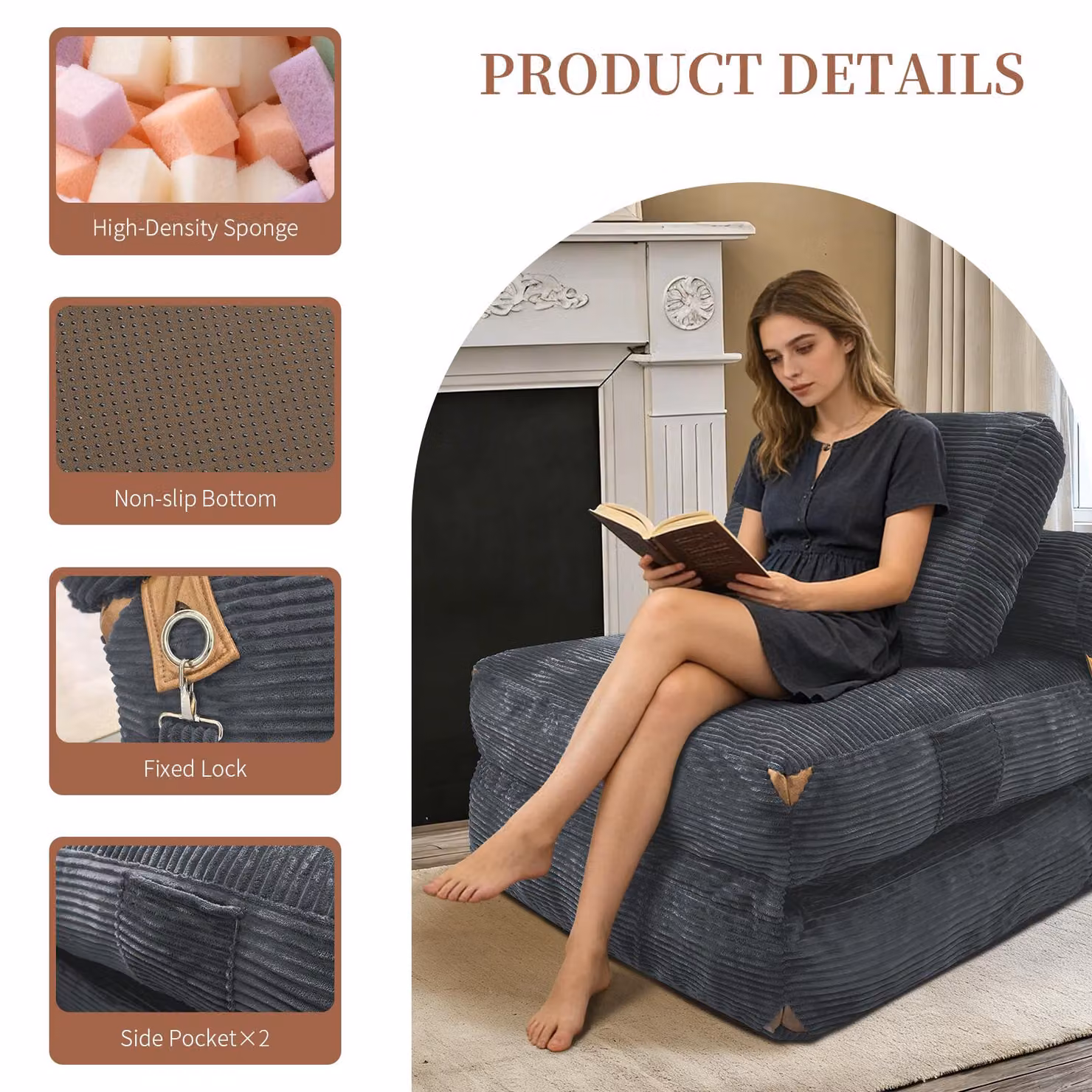 Aosom UK 3-in-1 Convertible Corduroy Floor Sofa Bed with Side Pockets, Grey, W/D/H: 86 x 87 x 40 cm – 4