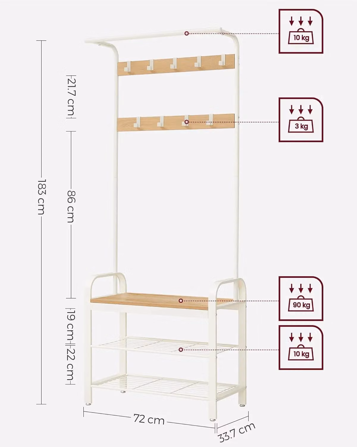 VASAGLE Hall Tree with Shoe Bench, Hooks and Clothes Rail in White – 2