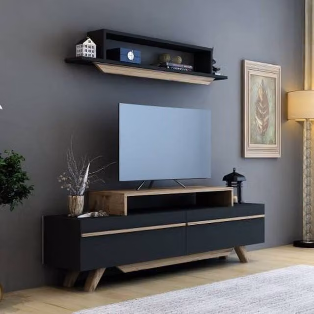 Destina Home Andrea Mid-Century TV Stand and Media Console in Anthracite and Turquoise Wood