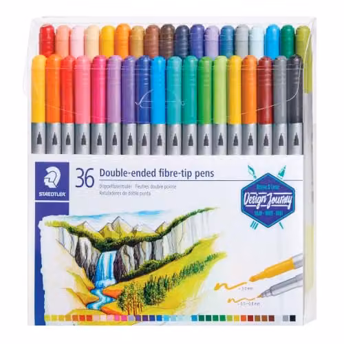 STAEDTLER Design Journey Double-Ended Fibre-Tip Pens with Thin and Wide Nibs, Assorted Colours (Pack of 36)