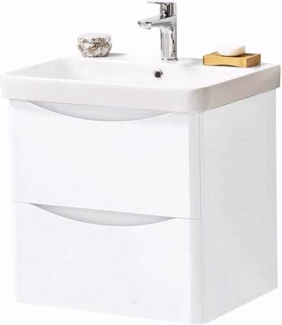 Clifton Gloss White Bathroom Wall Mounted 2-Drawer Unit with Ceramic Basin, W: 60 cm, D: 46 cm, H: 60 cm – 1