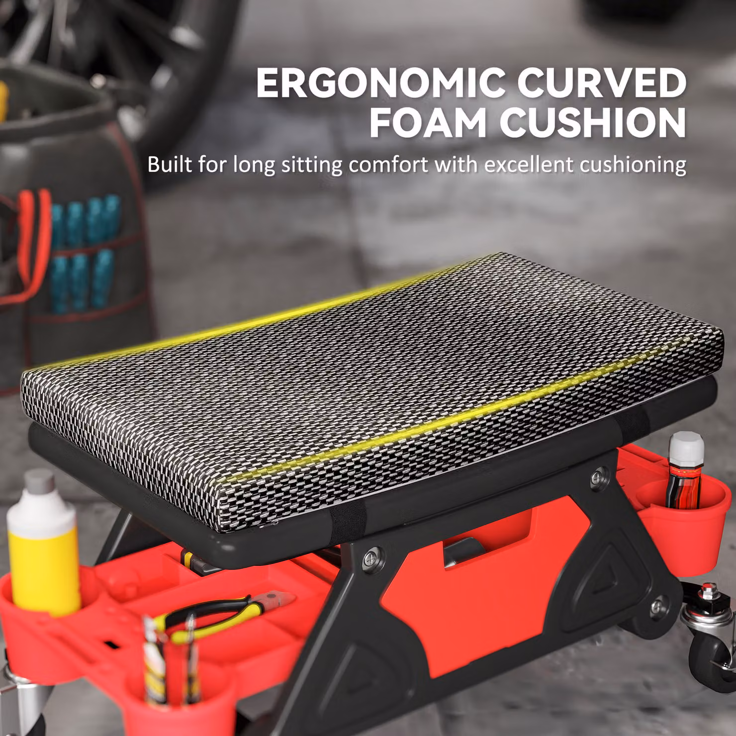 HOMCOM Rolling Mechanic Stool with 360 Degree Swivel, Padded Creeper Seat, Tool Trays and Drawer, Black – 5