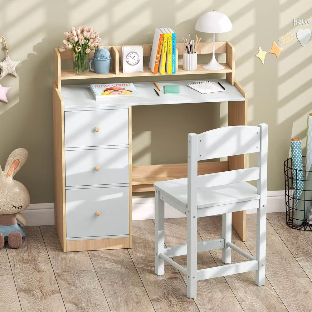 Costway Kids Study Desk and Chair Set with Wooden Hutch and Storage Shelf in Multicolour – 2