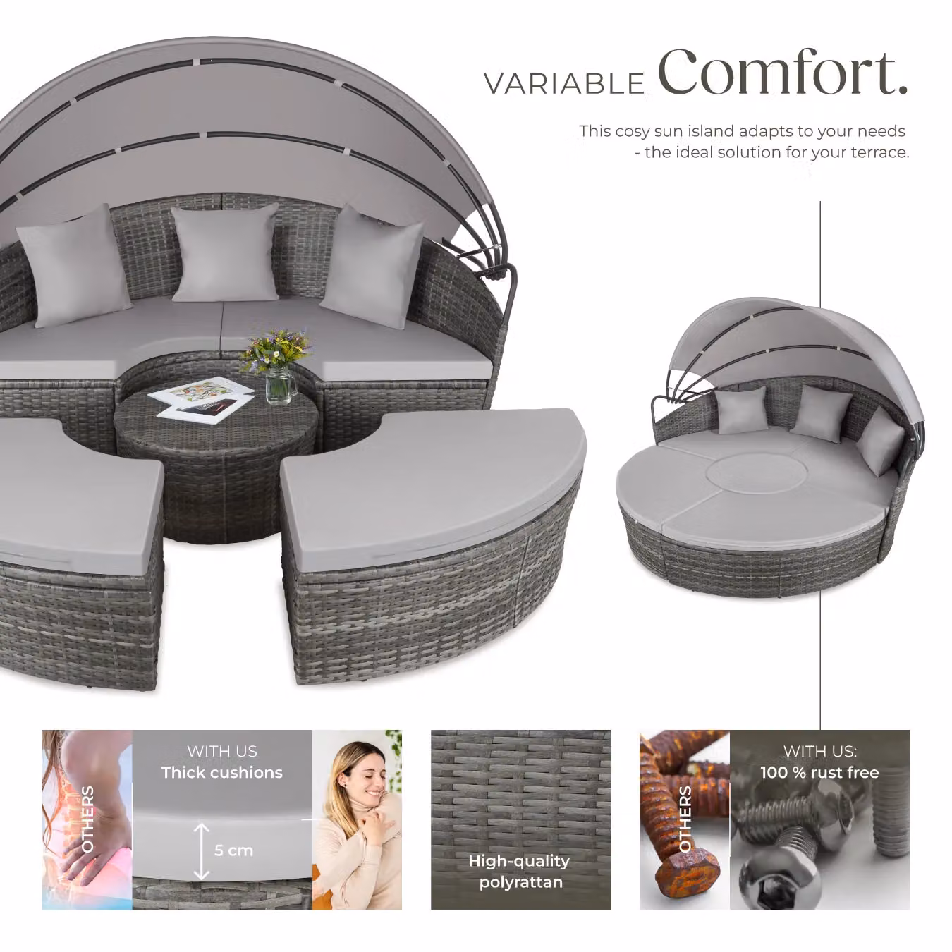 tectake Santorini Modular Garden Sun Lounger Set with Shade Canopy in Grey for 4 Adults – 3