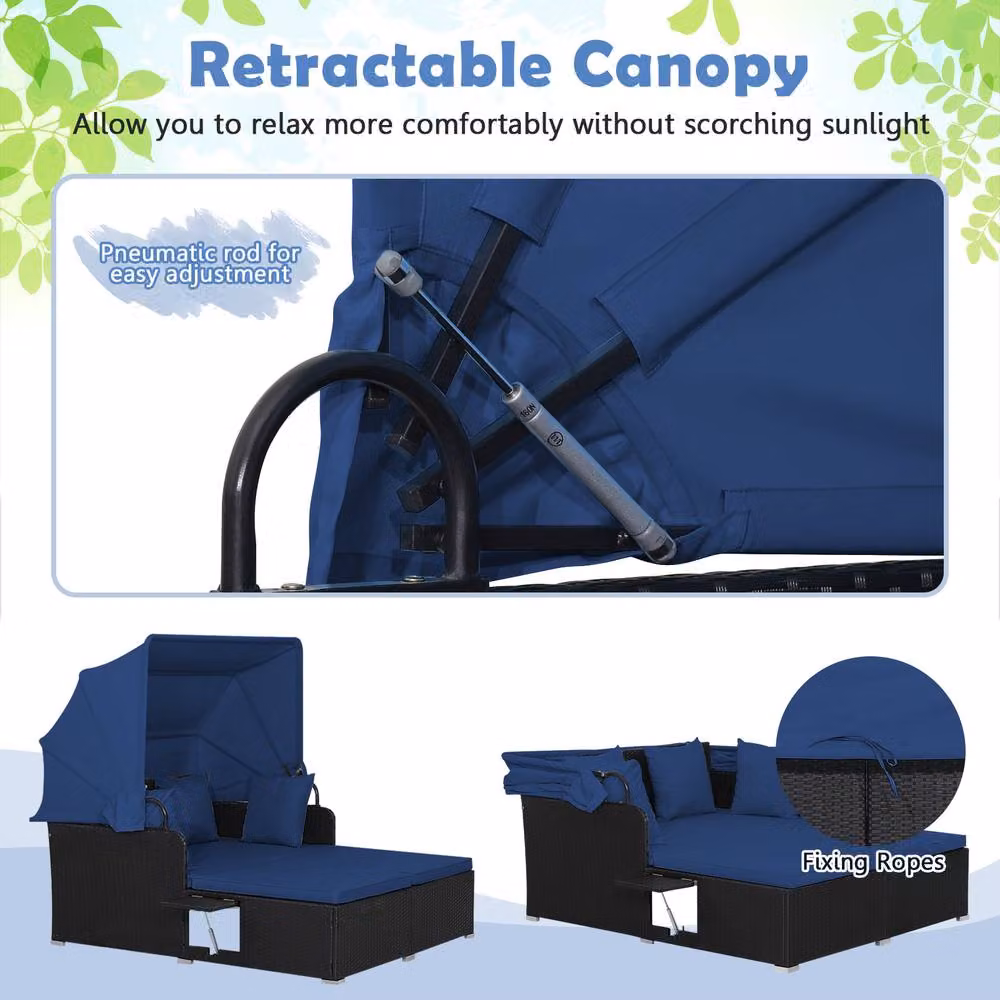 Costway Blue PE Rattan Wicker Daybed with Retractable Canopy for 2 Adults – 5