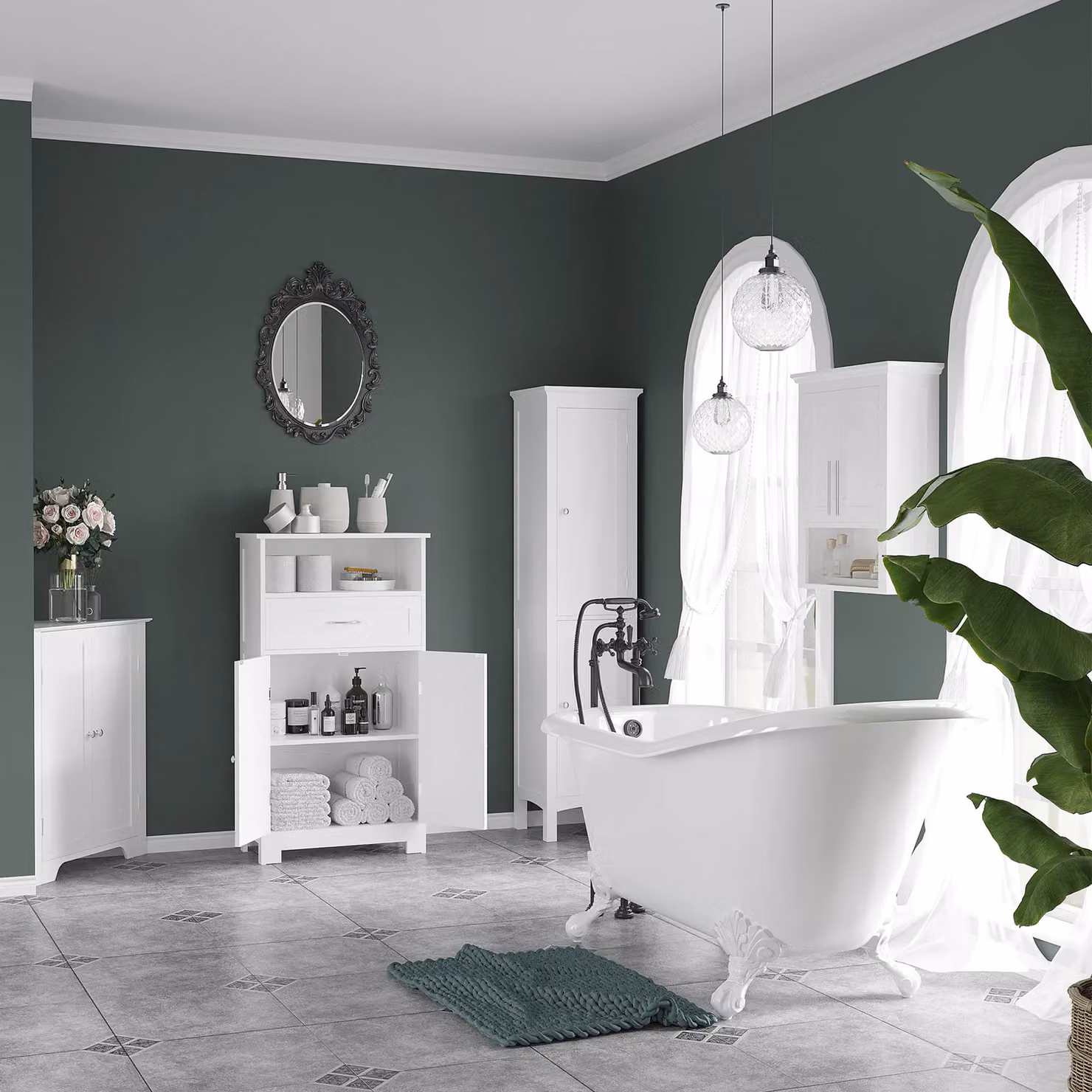 Kleankin Freestanding Tall Bathroom Cabinet with Hinged Double Doors and Internal Shelves, White – 3