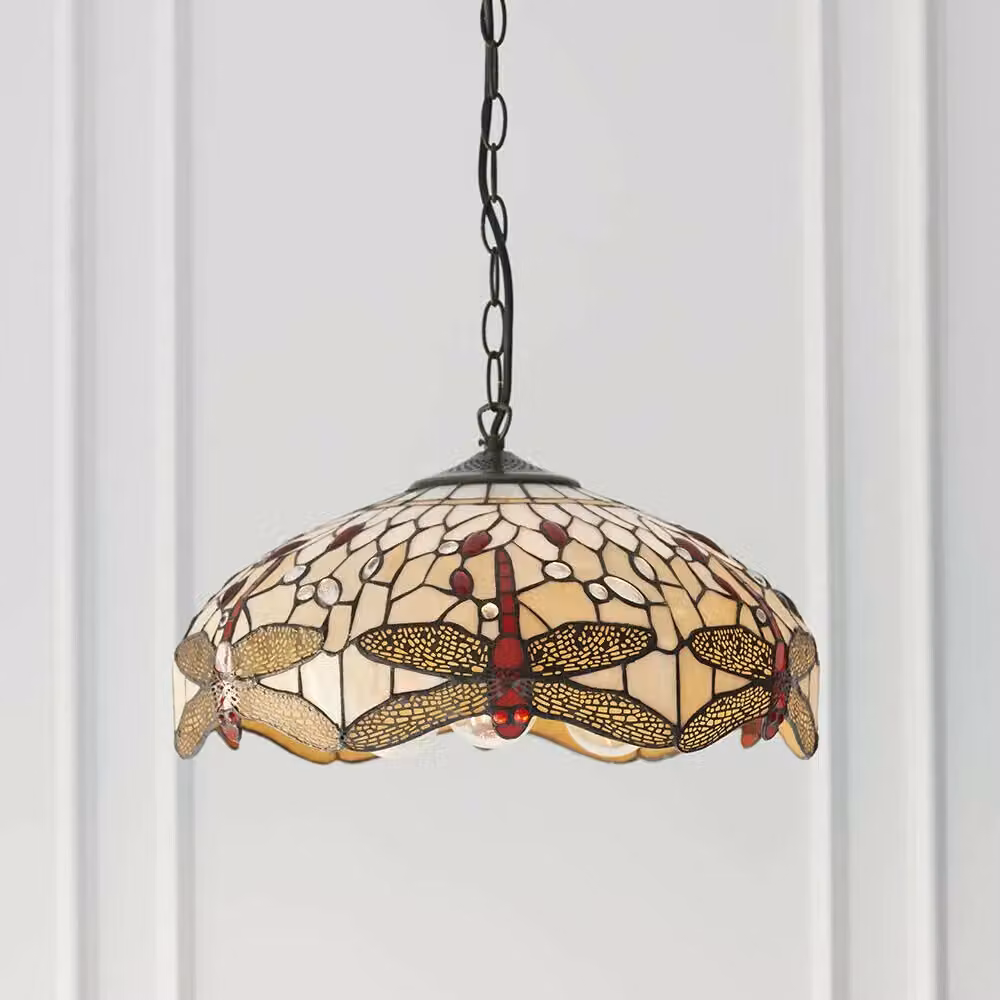 Loops Tiffany Glass Dragonfly Pendant Light with Bronze Chain in Multicolour and Clear – 2