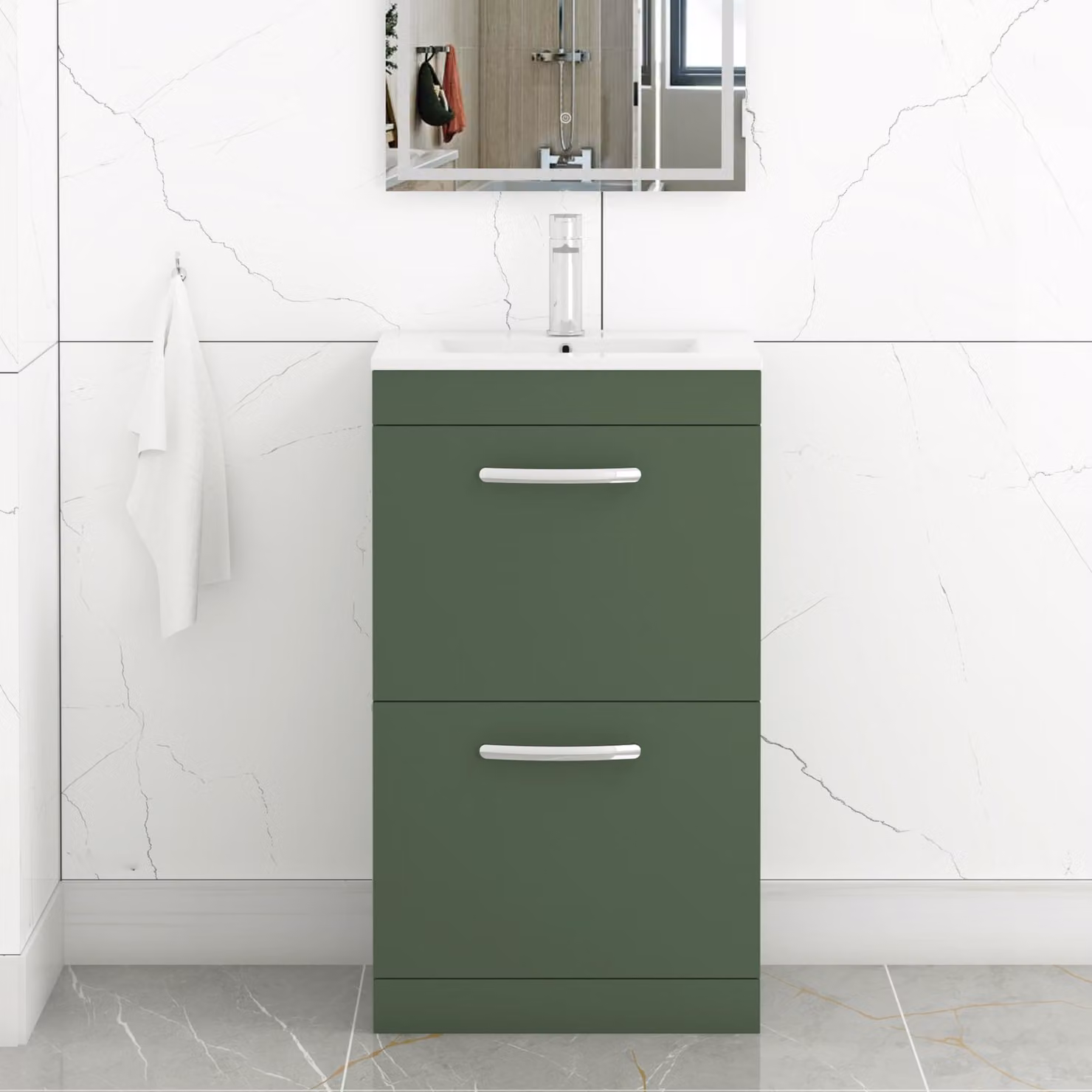 Royal Bathrooms Turin 500mm Matt Green Floor Standing Minimalist 2 Drawer Vanity Unit with Basin