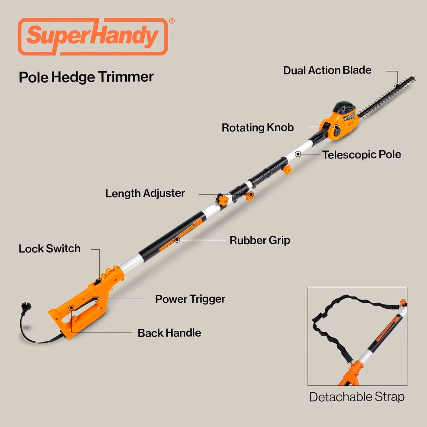 Superhandy Electric Pole Hedge Trimmer with 550W Motor and 51cm Dual-Action Blade in Orange – 2
