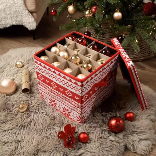 OHS Bauble Storage Box Organiser for 64 Christmas Decorations, Red and White, W/D/H: 30.0 x 30.0 x 30.0 cm
