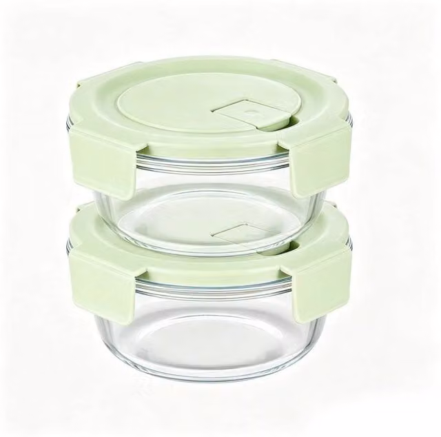 EONLION Round Glass Food Storage Containers with Vent Lids and Clip Closures, Green