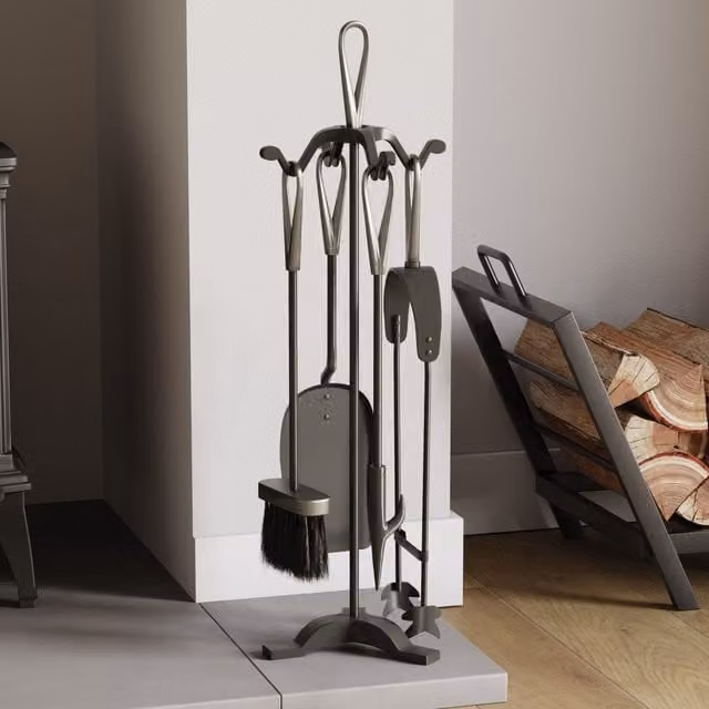 Home Discount Fire Vida 5 Piece Buxton Companion Set Fireplace Tools in Metallic Silver – 1