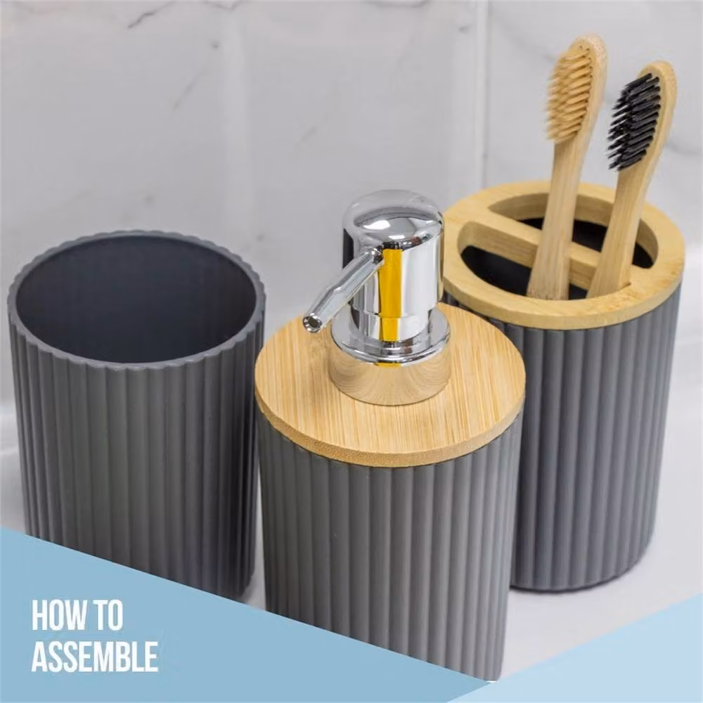 Nordara Grey Modern Bathroom Essentials Set with Toothbrush Holder, Toilet Brush, Soap Dish, Soap Dispenser and Tumbler – 4