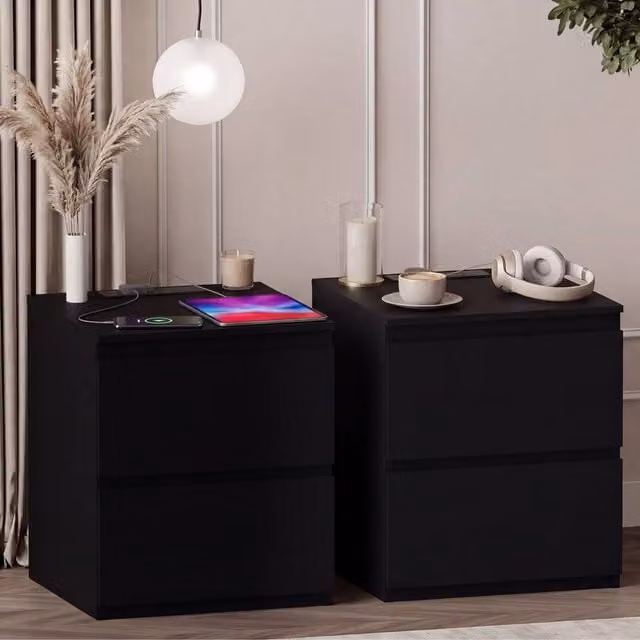 Vida Designs Denver Set of 2 Large 2 Drawer Bedside Chests with Power Outlets in Black – 1