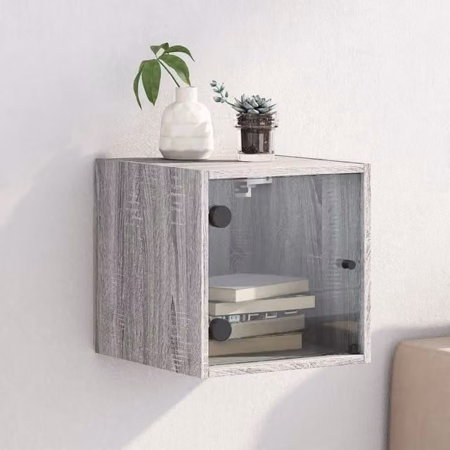 Berkfield Home Bedside Cabinet with Glass Door in Grey Sonoma, W/D/H: 35 x 37 x 35 cm
