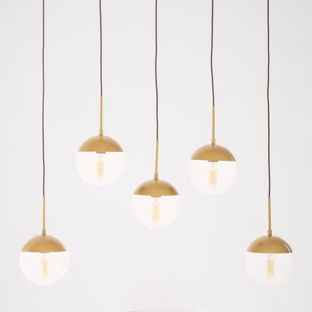 Orsina Industrial Gold and Chrome 5 Pendant Light with Adjustable Transparent Glass Spheres