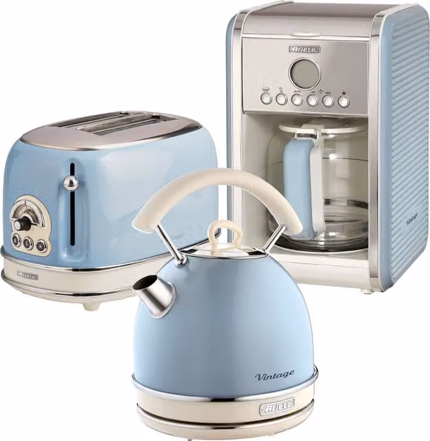 Ariete Retro Blue Kettle, 2 Slice Toaster and Filter Coffee Machine Set
