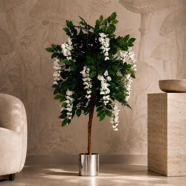 Botanik Leaf 130cm Artificial Wisteria Tree with White Flowers and Silver Planter in Green – 1