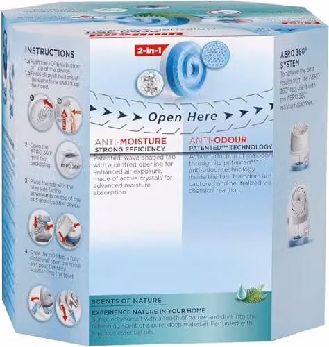 UniBond Aero 360 Moisture Absorber Waterfall Freshness Refill Tabs, White, 2 x 450g – 2