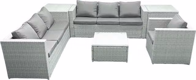 Fimous Rattan Garden Furniture Set in Light Grey with 3-Seater Sofa, Armchair, Coffee Table and 2 Side Tables – 1