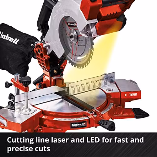 Einhell Power X-Change 18V Cordless Mitre Saw with Work Table, 3000 RPM, Black, Yellow and Red – 5