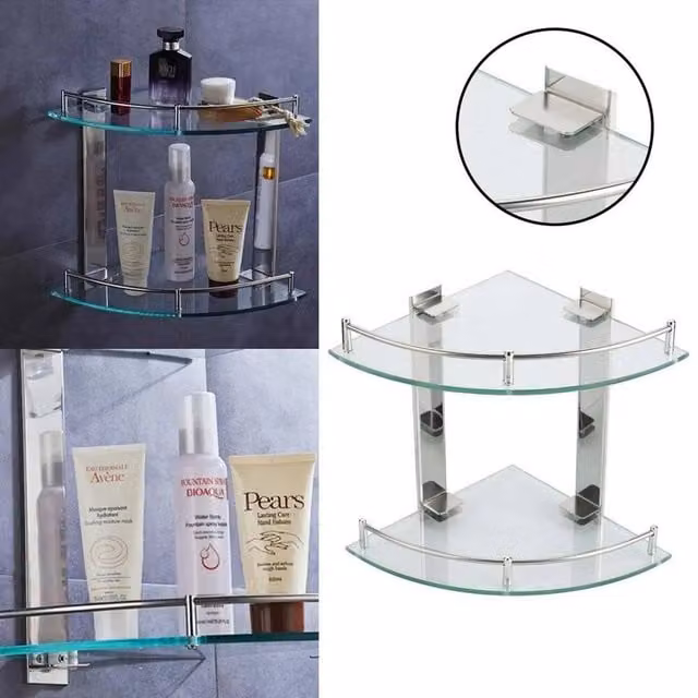 SPETLEK 2 Tier Wall Mounted Glass Bathroom Corner Shelf in Clear