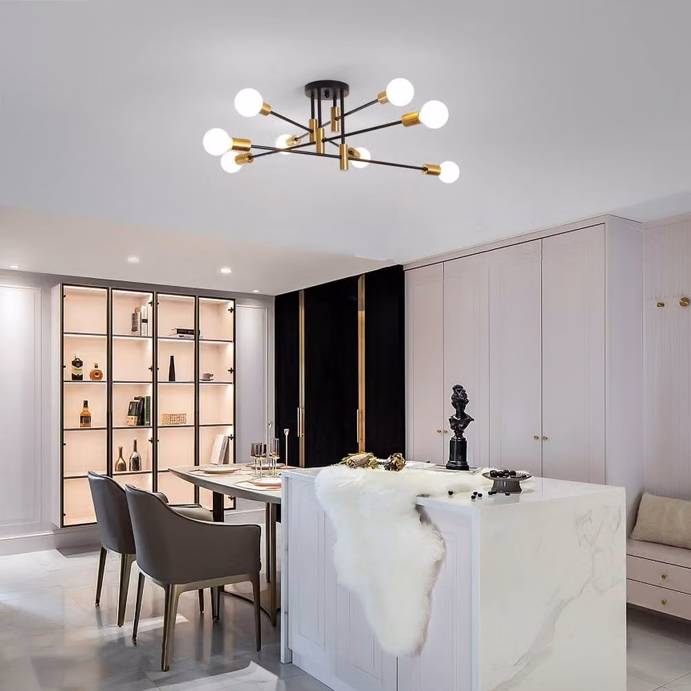 NIVOR 8-Light Sputnik Semi Flush Mount Ceiling Light in Black and Gold/Brass with E27 Bulbs – 3