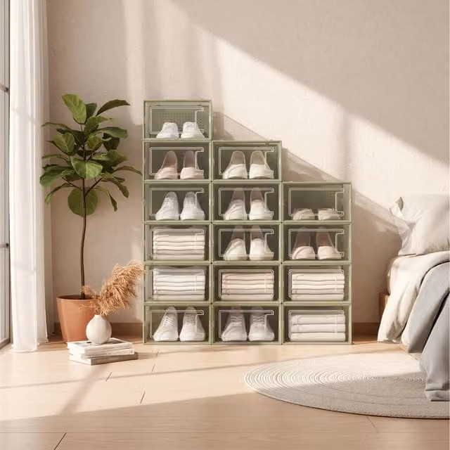 SONGMICS Set of 12 Stackable Transparent Sneaker Storage Boxes, Green, W: 23.2 cm, D: 23.2 cm, H: 14.3 cm