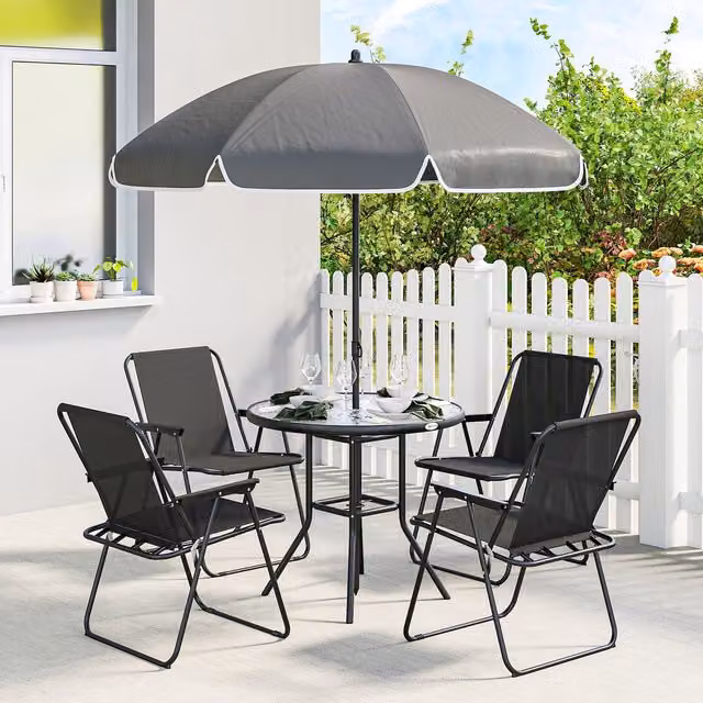 Outsunny Modern Metal Garden Furniture Dining Set with Parasol in Black
