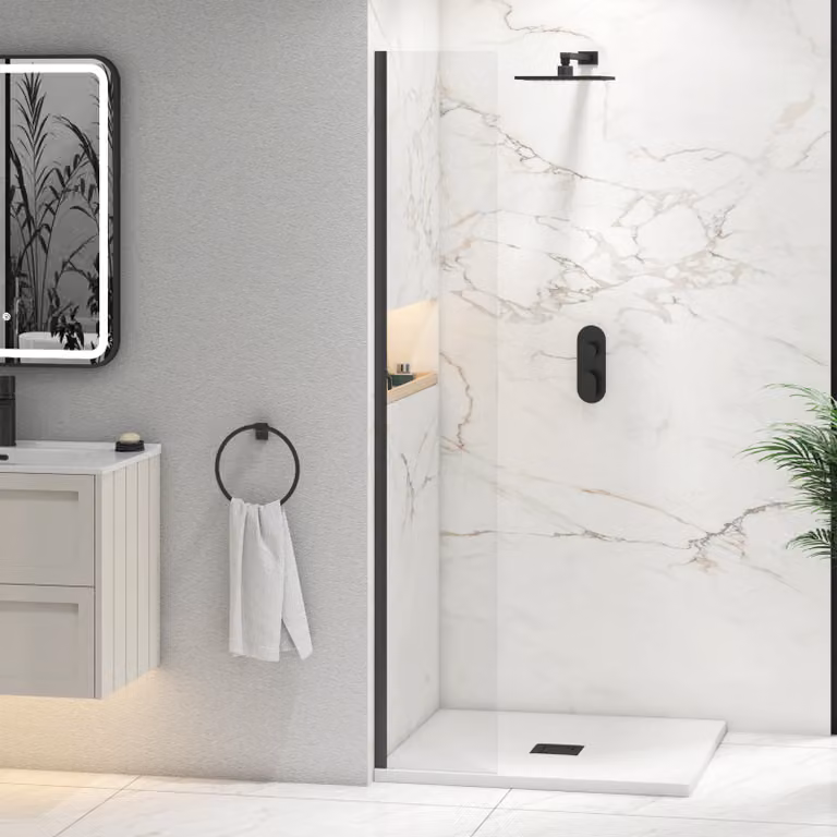 Royal Bathrooms Marbella Walk In Wet Room Shower Screen, Matt Black, Clear 8mm Easy Clean Glass, W: 30 cm, H: 185 cm, D: 3 cm