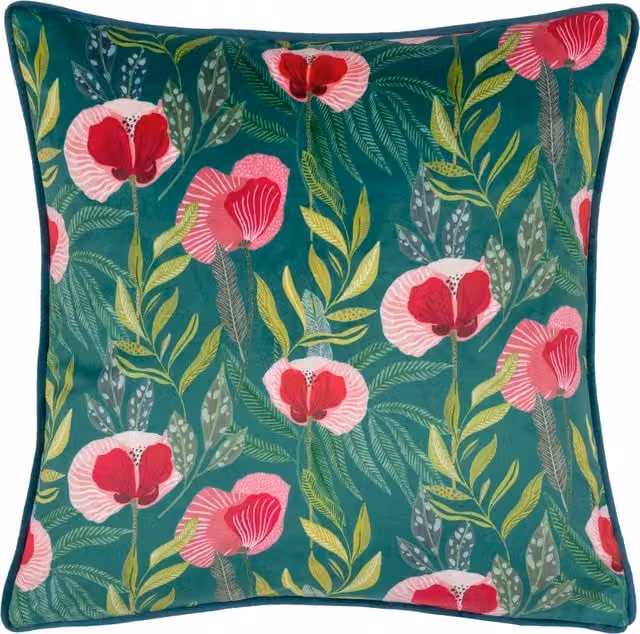 House Of Bloom Poppy Piped Velvet Square Cushion with Feather Filling in Petrol Blue, Pink and Green
