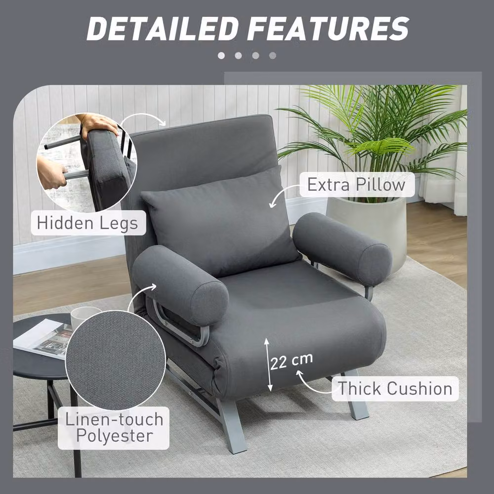 HOMCOM 3-in-1 Convertible Single Sofa Bed and Folding Armchair in Dark Grey – 5