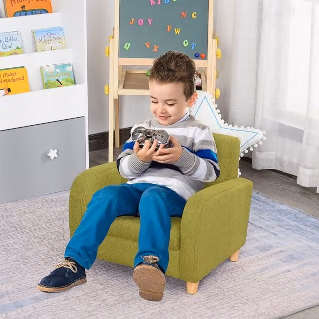 HOMCOM Kids Armchair with Solid Wood Frame and Fabric Upholstery in Green – 1