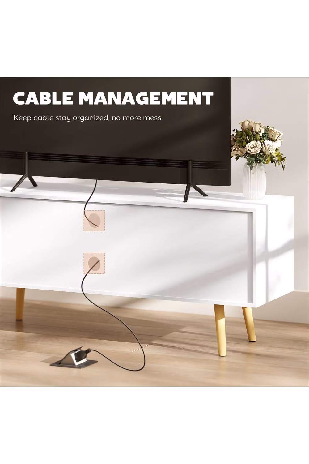 ERGOVEXA White Minimalist Wood TV Stand Cabinet with Storage Shelves and Media Compartments, W: 120 cm, D: 34 cm, H: 50 cm – 2