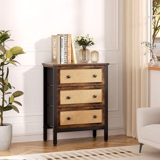 Komore Rustic Rattan and Wood Storage Cabinet in Brown and Black, Height: 82.5 cm