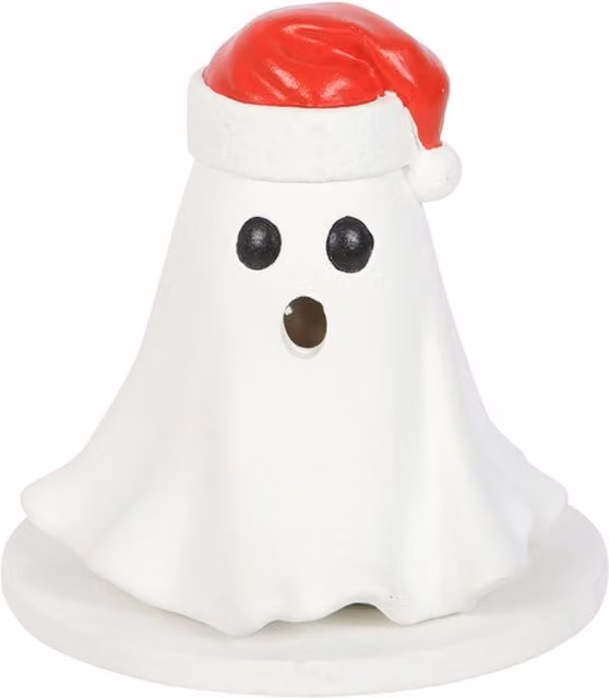 KDMK Ghost with Santa Hat Ceramic Incense Cone Holder, White Tabletop Spooky Festive Decor