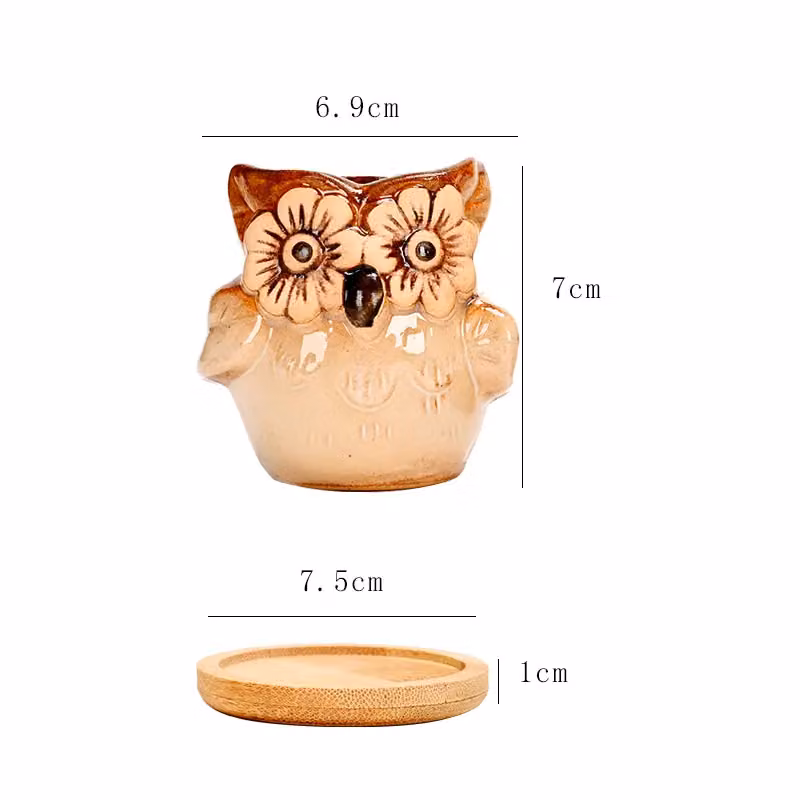 Simpa 6-Piece Multicolour Decorative Owl Themed Ceramic Plant Pots with Wood Bases, H 7.3 cm x Dia 7.3 cm – 3